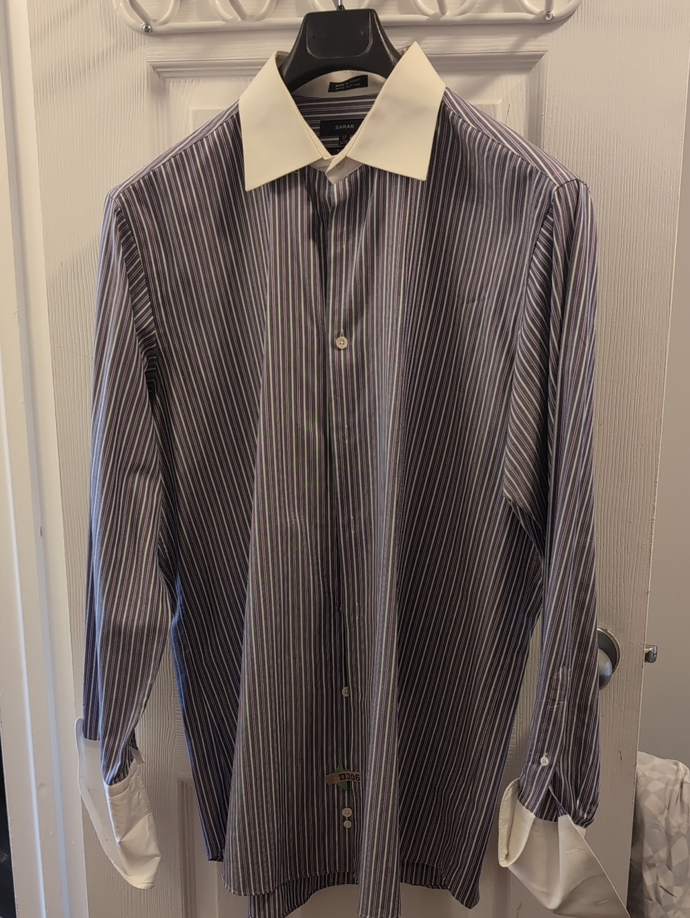 Blue and White Striped Dress Shirt with White Contrast Collar